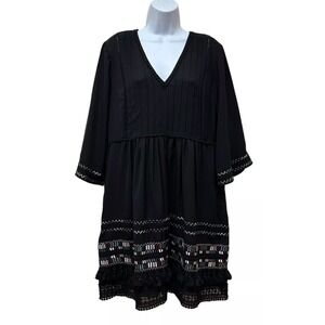 Anthropologie Ranna Gill Black Daphne Dress Boho Embroidered Size L NEW